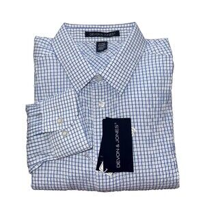 Devon & Jones CrownLux Performance Blue White Micro-Check Button-Down Shirt NWT